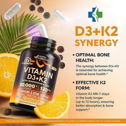 Vitamin D3 K2 - Vitamin D3 10000 iu & K2 as MK-7 120 mcg - Immune & Mood Support, for Bone & Teeth Health - with Magnesium, Zinc & Vitamin C & B12 - Highly Bioavailable - Made in USA, 120 Capsules