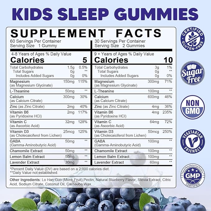 Kids Sleep Gummies Melatonin Free - with Magnesium Glycinate, Lemon Balm, L-Theanine & GABA - Calming Relaxation, Support Natural Sleep, Quiet Mind - Berry Flavor, Non-Habit Forming, 120 Count