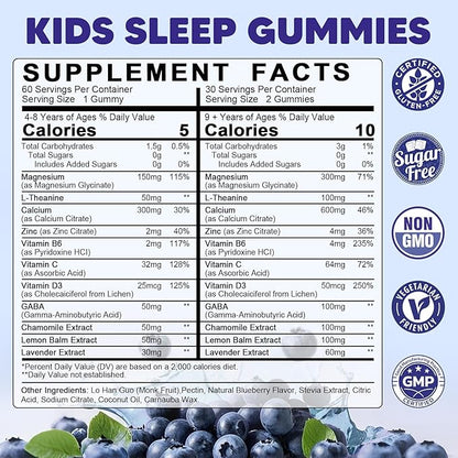 Kids Sleep Gummies Melatonin Free - with Magnesium Glycinate, Lemon Balm, L-Theanine & GABA - Calming Relaxation, Support Natural Sleep, Quiet Mind - Berry Flavor, Non-Habit Forming, 120 Count