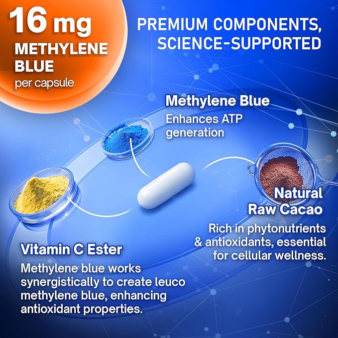 FloraBliss 120 Methylene Blue Capsules (16 mg per Capsule) - Formulated with Natural Cacao (250 mg) and Vitamin C Ester (35 mg) for Added Support, 120-Day Supply | Vegan, Non-GMO, Gluten-Free