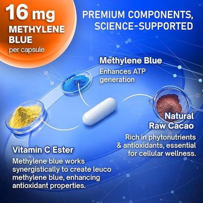 FloraBliss 120 Methylene Blue Capsules (16 mg per Capsule) - Formulated with Natural Cacao (250 mg) and Vitamin C Ester (35 mg) for Added Support, 120-Day Supply | Vegan, Non-GMO, Gluten-Free