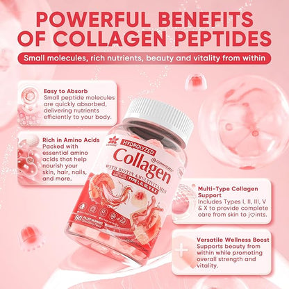2Pack Sugar-Free Hydrolyzed Collagen Peptide Filled Gummies for Women & Men, with 1500mg Protein Type I,II,III,V,X, 5000mcg Biotin Vitamin C A E D3 B6 B12 for Immune Digestion Skin Hair Nails, Bone