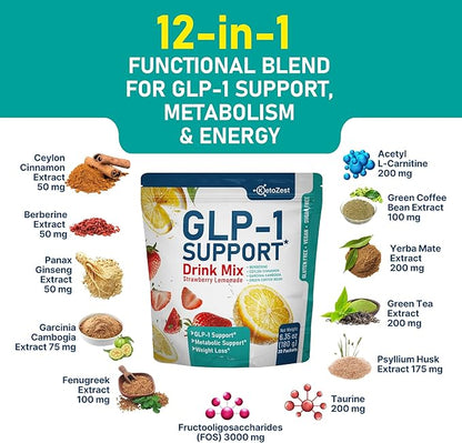 GLP-1 Support Drink Mix Powder - Women Men Weight Loss Support - GLP1 Support Prebiotic Fiber Supplement - Daily Natural Metabolism & Fat Burn Support - Reduce Bloating Gut