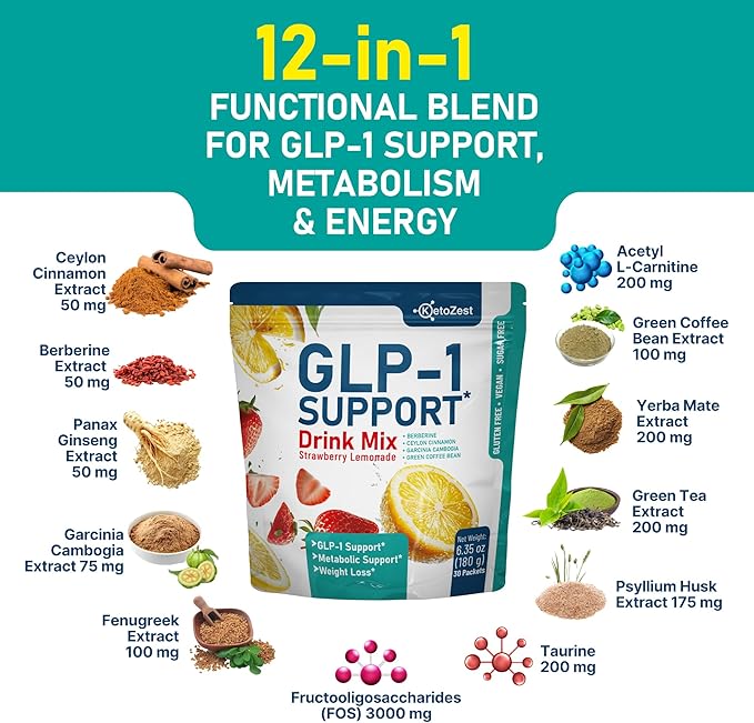 GLP-1 Support Drink Mix Powder for Women Men - Weight Loss Support Prebiotic Fiber Supplement - Daily Natural Drink Mix for Metabolism Reduce Bloating Fat Burn Gut Health Support