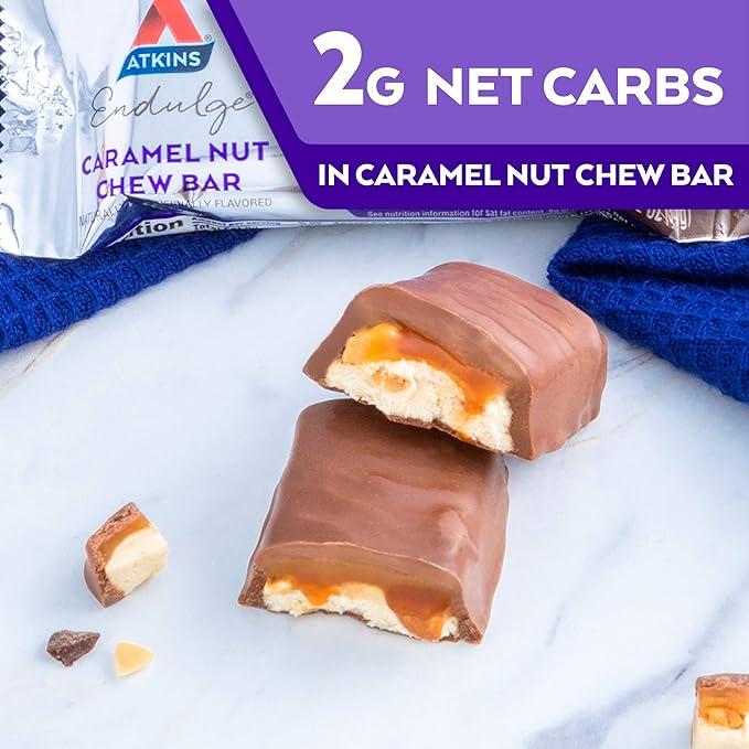 Atkins Endulge Caramel Nut Chew Bar, Low Sugar Snack, Dessert Bar, High Fiber Bar 1g Sugar, 10 Count