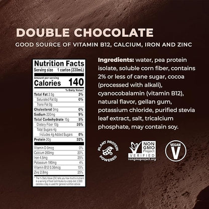 Evolve Plant Based Protein Shake, Double Chocolate, 20g Vegan Protein, Dairy Free, No Artificial Sweeteners, Non-GMO, 10g Fiber, 11 Fl Oz (Pack of 12) - (Formula May Vary)
