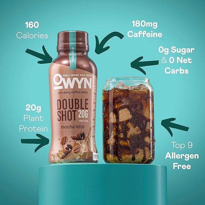 OWYN Only What You Need Double Shot Mocha Latte Flavored Protein Shake, 20g Protein, 0g Sugar, 3g Fiber, 180mg Caffeine, Dairy Free, Plant Based Protein Drink, 12 Count