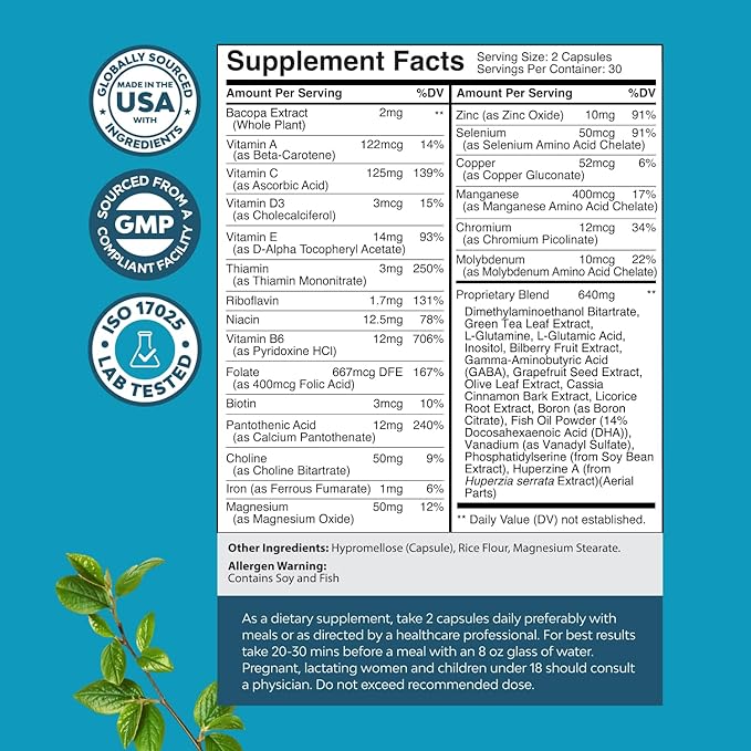 Nootropic Brain Supplement for Memory and Focus Support - Vitamins for Mental Support & Clarity with Bacopa Monnieri, VIT A, B6, Riboflavin, Niacin, Thiamin & Folate - Cognitive Complex - 60 Count
