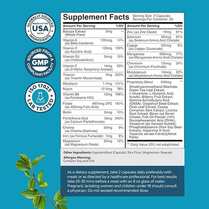 Nootropic Brain Supplement for Memory and Focus Support - Vitamins for Mental Support & Clarity with Bacopa Monnieri, VIT A, B6, Riboflavin, Niacin, Thiamin & Folate - Cognitive Complex - 60 Count