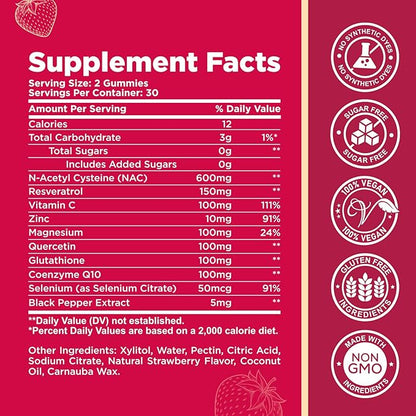 CFILIHTC NAC Gummies 600mg, N Acetyl Cysteine Supplement with Glutathione, Resveratrol, Magnesium, CoQ10, NAC Chewable for Antioxidants & Immune Support, Strawberry Flavor 60 Gummies