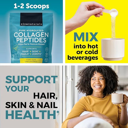 Viva Naturals Collagen Peptides Powder - Grass-Fed Hydrolyzed Bovine, Type I & III - 19 g Protein, Unflavored, Easy Dissolving - Joint, Skin, Hair & Nail Support - Paleo, Keto, Non-GMO - 1lb