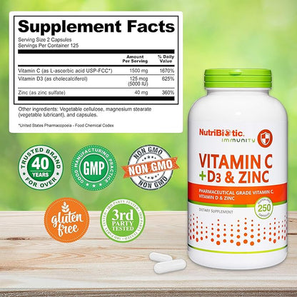 NutriBiotic – Vitamin C + Vitamin D3 & Zinc, 250 Capsules | Potent, Comprehensive Immune Support | Essential & Antioxidant Daily Supplement | Gluten & GMO Free (Pack of 2)