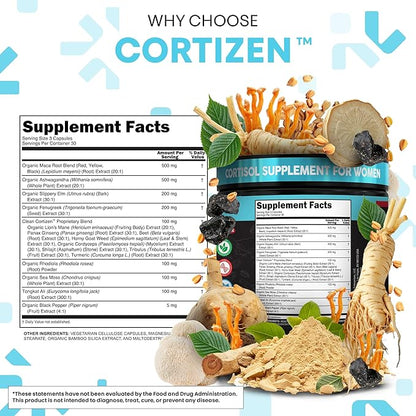 Clean Nutra Cortisol Supplements For Women | Maca Root Ashwagandha Cortisol Detox Manager Reducer + Slippery Elm Fenugreek Lions Mane Shilajit Rhodiola Sea Moss Tongkat Ali Cordyceps Ginseng Beet Root
