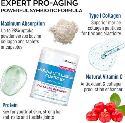 Marine Collagen Powder Unflavored - 10g Type I Hydrolyzed Collagen Peptides with Natural Acerola Vitamin C Antioxidant - Hair, Skin, Nails Vitamins for Women & Men- Pro-Aging Beauty Supplement - 9.8oz