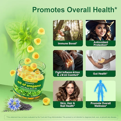 LILICARE Oil of Oregano with Black Seed Oil Filled Gummies, Aceite De Oregano Capsulas Alternative, Carvacrol & Thymoquinone with Vitamin E, C, D3, Zinc, Liposomal Form, Sugar Free, 2 Pack