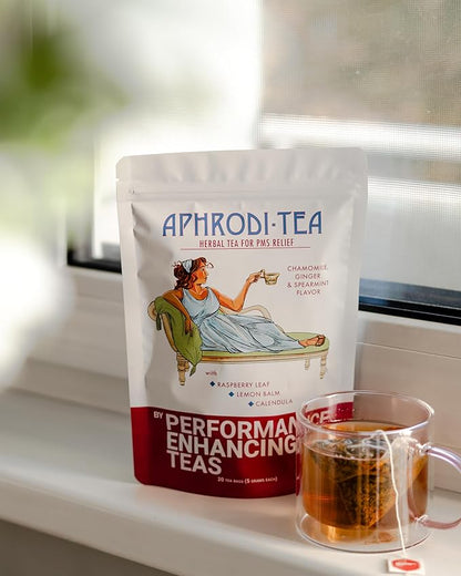 PMS Relief Herbal Tea | X-Large 5g Tea Bags | with Raspberry Leaf, Calendula and Lemon Balm | Chamomile, Ginger and Spearmint Flavor | 20 Pack Bag | Aphrodi-Tea by Performance Enhancing Teas