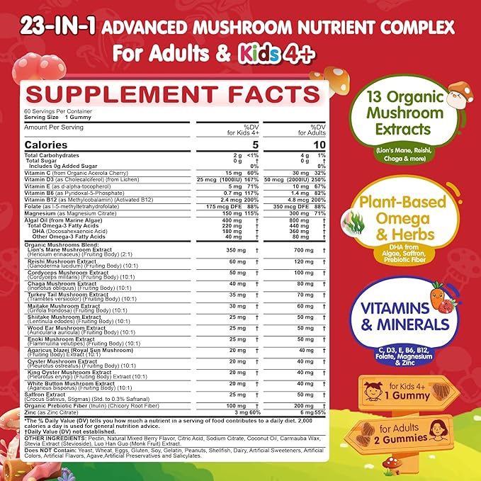 Kids, Teens & Adults Focus Gummies - Lions Mane Mushroom + Saffron + Algae Omega-3, 24-IN-1 Attention Supplement with Chaga, Magnesium, Methylated B12, B6 for Brain, Memory, Energy, Sugar Free, 60Cts