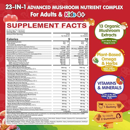 Kids, Teens & Adults Focus Gummies - Lions Mane Mushroom + Saffron + Algae Omega-3, 24-IN-1 Attention Supplement with Chaga, Magnesium, Methylated B12, B6 for Brain, Memory, Energy, Sugar Free, 60Cts