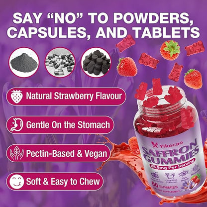 Saffron Supplements Gummies, 88.5mg Extract with Vitamin D3, B6, Magnesium, Ashwagandha, L-Theanine, Sugar-Free, Strawberry Flavor, 60 Count