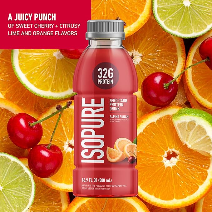 Isopure Zero Carb 32g Clear Protein Ready-to-Drink, Whey Protein Isolate, Alpine Punch, 12 Pack (Packaging May Vary)