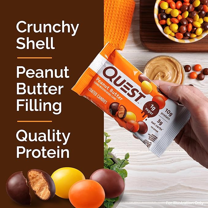 Quest Nutrition Coated Candies, Peanut Butter, Candy, 1g Sugar, 10g Protein, 4g Net Carbs, Gluten Free, Keto Friendly, (Pack of 24)