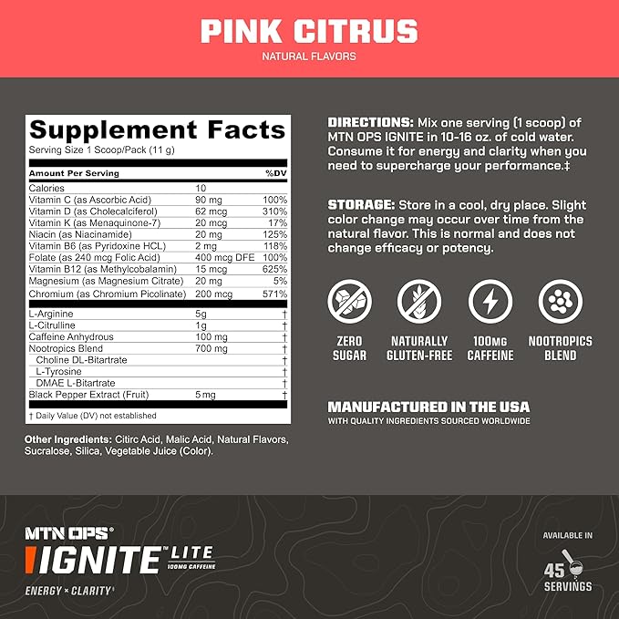 MTN OPS Ignite Lite Sugar Free Energy Drink Powder with 100mg Caffeine, Nootropic Blend for Energy & Focus, L Arginine & L Citrulline for Endurance, 45 Servings, Pink Citrus