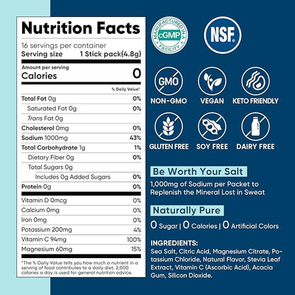 Venture Pal High Sodium Sugar-Free Electrolyte Powder Packets - Hydration Packets with Sodium, Potassium & Magnesium | Zero Calories | Vegan, Keto, and Paleo Friendly | 16 Sticks