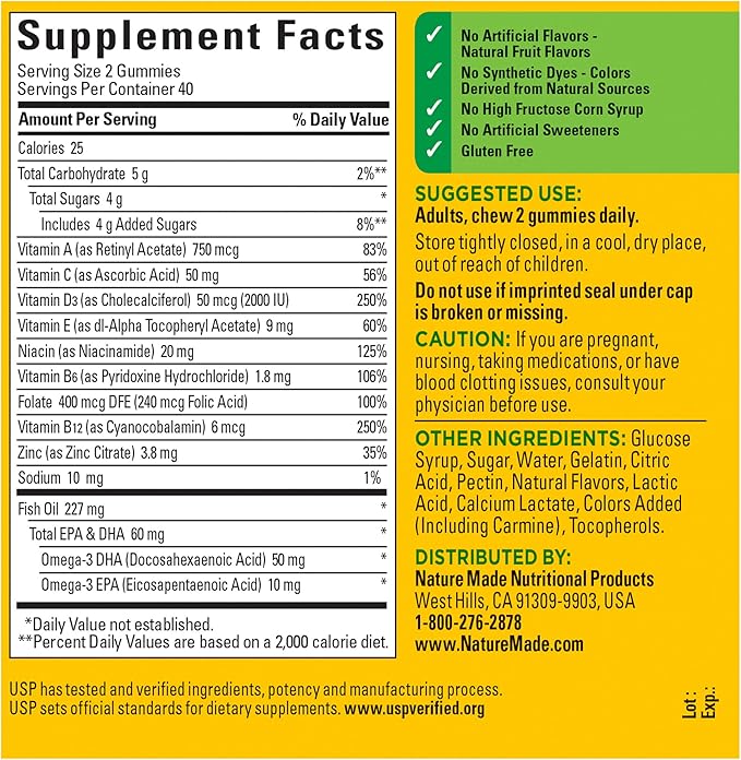 Nature Made Multivitamin + Omega-3, Multivitamin Gummies for Women and Men, Daily Nutritional Support, 80 Adult Gummy Vitamins & Minerals, 40 Day Supply