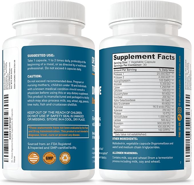 Dr. Tobias Digestive Enzymes Digestion Supplement with 18 Enzymes for Digestion and Gut Health | Includes Amylase Bromelain Lipase Lactase Protease Papain & More (30 Capsules 15 Servings)