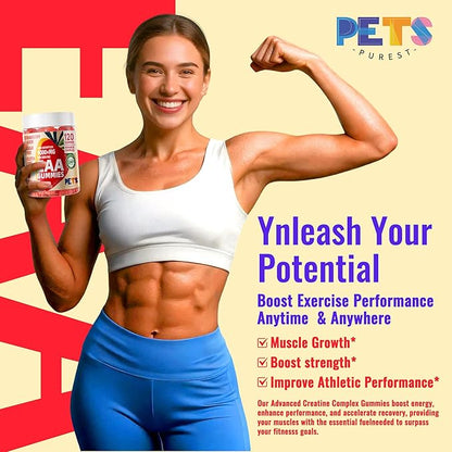 Pets Purest EAA Gummies 120 Gummies (Strawberry), Essential Amino Acids - All 9 Essential Aminos (EAA) and All Branched-Chain Aminos (BCAAs), Non-GMO, Gluten Free, Vegetarian Friendly