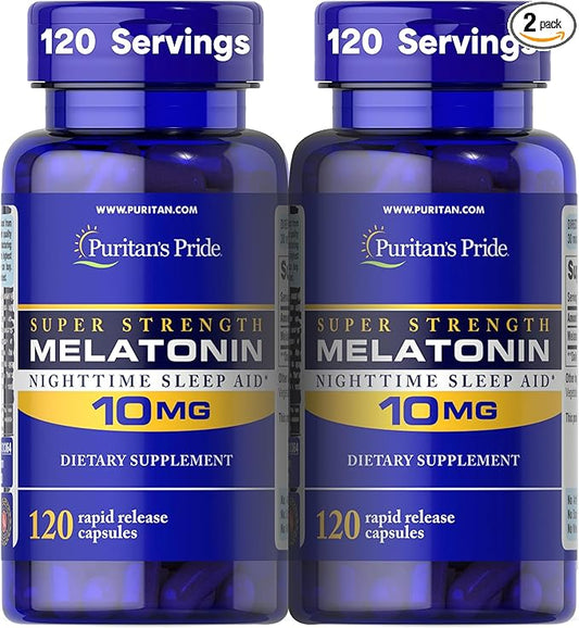 Puritan's Pride Premium Super Strength Melatonin 10mg Sleep Aid, Dietary Supplement for Sound, Restful, & Longer Sleep Support, 4 Month Supply, 120 Rapid Release Capsules, 2 Pack (Packaging May Vary)