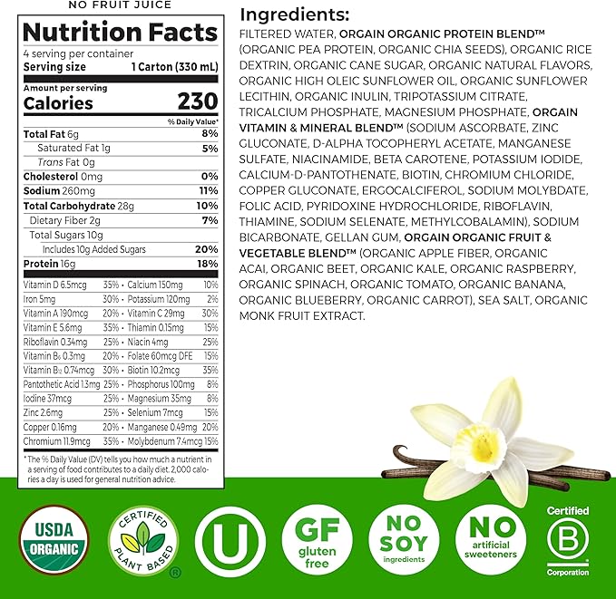 Orgain Organic Nutritional Vegan Protein Shake, Vanilla Bean - 16g Plant Based Protein, Meal Replacement, 21 Vitamins & Minerals, Fruits & Vegetables, Gluten Free, Non-GMO, 11 Fl Oz (Pack of 4)
