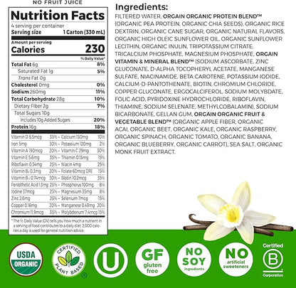 Orgain Organic Nutritional Vegan Protein Shake, Vanilla Bean - 16g Plant Based Protein, Meal Replacement, 21 Vitamins & Minerals, Fruits & Vegetables, Gluten Free, Non-GMO, 11 Fl Oz (Pack of 4)