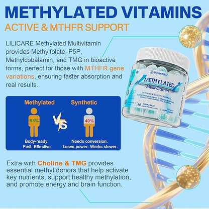 Methylated Multivitamin for Men & Women Gummies + Greens & Mushroom Blend, Methylfolate & B12, TMG, Choline, Daily Vitamin A, C, D3K2, E, B Complex, Coq10, ALA for Overall Wellness, Sugar Free, 60 Cts