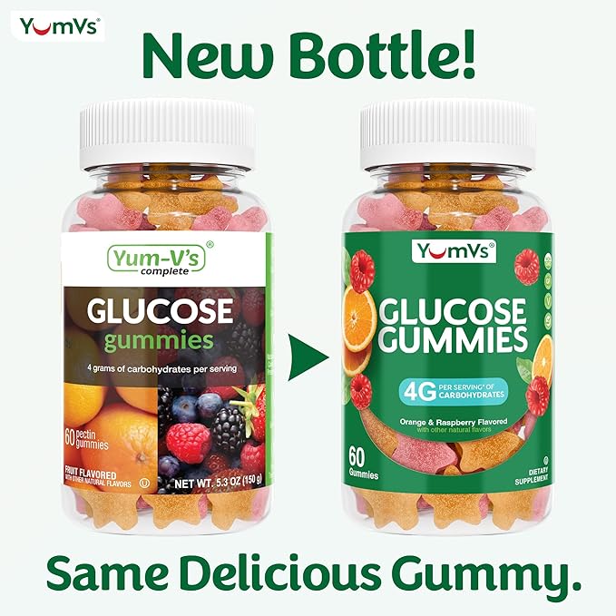 YUM-V'S Glucose Gummies – Fast Acting Glucose Gummy – Great Tasting – Gluten Free, Vegan, Non-GMO – Orange & Berry Natural Flavor – 60 Chewable Gummies for Adults & Kids