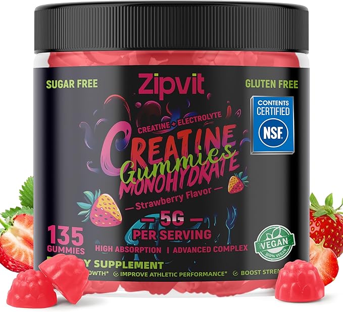 zipvit Creatine Monohydrate Gummies (5g) – Pre-Workout Energy & Muscle Growth Support for Men & Women | Strawberry Electrolyte Gummies (135 Count)