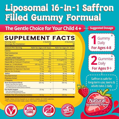duwhot Saffron for Kids Gummies Sugar Free, Saffron Magnesium Supplement w/Holy Basil, Rosemary, Omega-3 & Vitamins for Happy Kids, Brain, Energy & Vision Support, Vegan, Organic, 60 Chewables