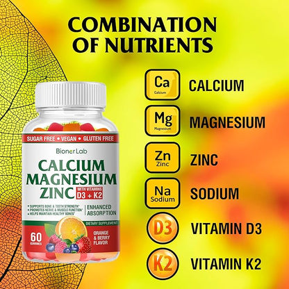 BionerLab Calcium Magnesium Zinc Gummies with Vitamin D3 & K2 - High Potency Enhanced Absorption - Orange and Berry Flavored