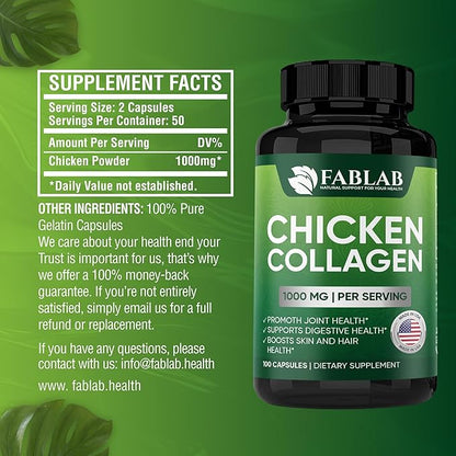 FabLab Chicken Sternum Cartilage Type II Collagen Capsules - Nutritional Supplement for Joints-1000mg per Serving - Non-GMO, Anti-Aging Dietary Product with Hydrolyzed Peptides- 100 Capsules