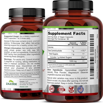 Zazzee D-Mannose, 1000 mg per Serving, 180 Vegan Capsules, 3 Month Supply, Potent & Fast-Acting, Certified Kosher, 100% Pure, All-Natural Urinary Tract Health Support, 100% Vegetarian, Non-GMO