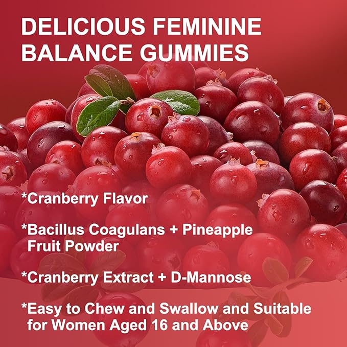 Feminine Balance Gummies for Women - Vaginal Health, pH Balance Support, Pineapple Probiotics Gummies for Women with Cranberry Extract and D-Mannose, Sugar Free, Vegan, Cranberry Flavor - 60Ct (2pack)