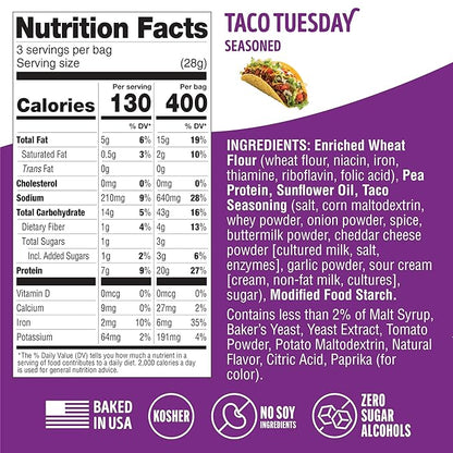 Lenny & Larry's Protein Pretzel [Taco Tuesday] FITZELS - Crunchy, Salty, Savory, Tasty Snack High in Protein - 20 g's of Plant Protein 8 Bags, 3 oz Each