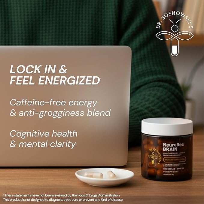 Dr Sosnowski's NeuroBee Brain Supplements with Royal Jelly, Lion's Mane + Reishi Mushroom | Energy, Mental Performance + Cognitive Function Support, 60ct