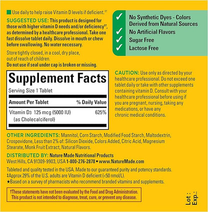 Nature Made Vitamin D3 5000 IU (125 mcg) Extra Strength, Vitamin D Supplement for Immune Support, 70 Sugar Free Fast Dissolve Tablets, 70 Day Supply