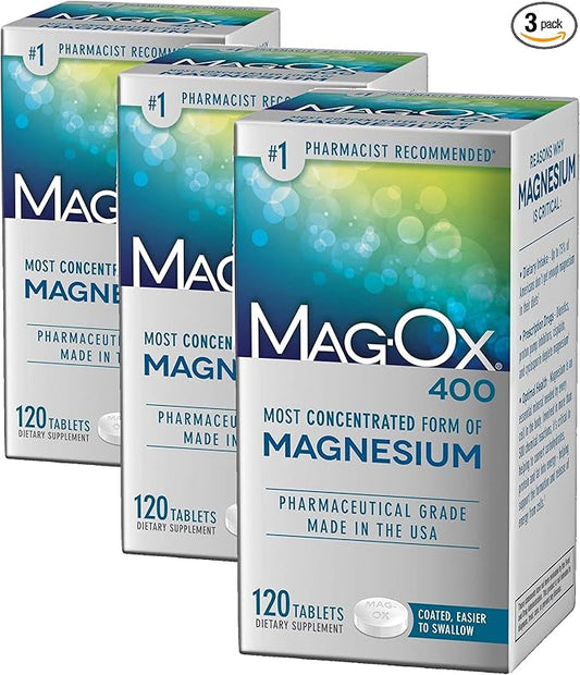Mag-Ox Magnesium Supplement, Pharmaceutical Grade Magnesium Oxide 483mg, Most Concentrated Form of Magnesium, 120 Tablets (Pack of 3)