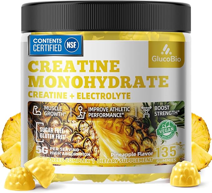 Creatine Monohydrate Gummies (5g) – Pre-Workout Energy & Muscle Growth Support for Men & Women | Pineapple Electrolyte Gummies (135 Count)