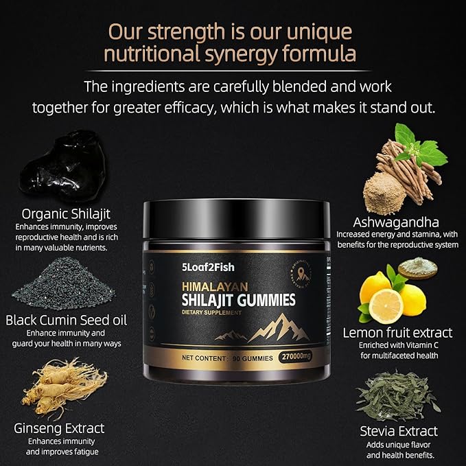 Organic Shilajit Gummies, Pure Himalayan Shilajit Gummies For Men Supplement, Gold Women，Natural 85+ Trace Minerals, Ashwagandha, Black Seed Oil Extract, 90 Gummies