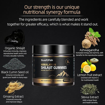 Organic Shilajit Gummies, Pure Himalayan Shilajit Gummies For Men Supplement, Gold Women，Natural 85+ Trace Minerals, Ashwagandha, Black Seed Oil Extract, 90 Gummies