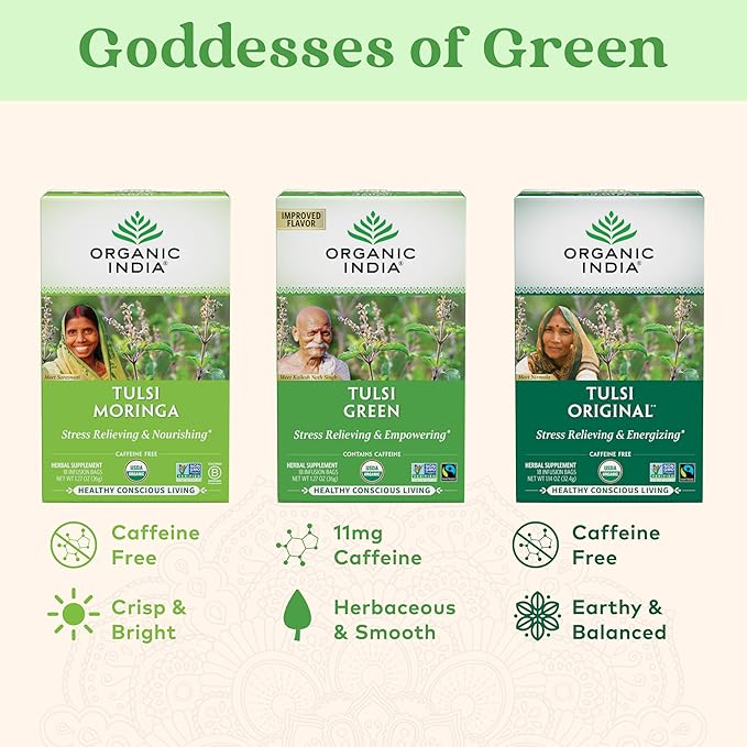 ORGANIC INDIA Tulsi Green Tea Bags - Holy Basil Tea, African Basil, Stress Relieving, Immune Support, USDA Certified Organic, Premium Darjeeling Green Tea, Caffeinated - 18 Infusion Bags, 1 Pack