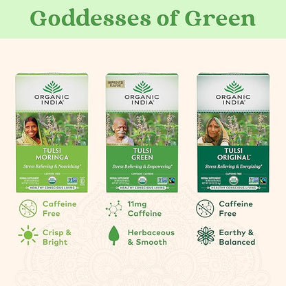 ORGANIC INDIA Tulsi Green Tea Bags - Holy Basil Tea, African Basil, Stress Relieving, Immune Support, USDA Certified Organic, Premium Darjeeling Green Tea, Caffeinated - 18 Infusion Bags, 1 Pack